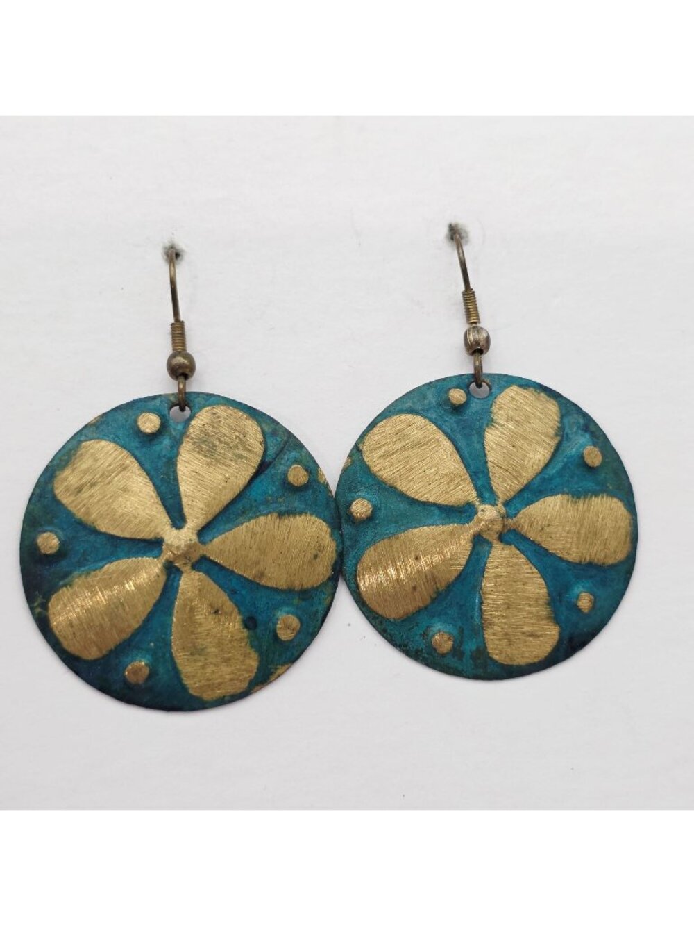 Round Brass Dangle Earrings Blue & Gold Floral Design Lightweight Metal Vintage